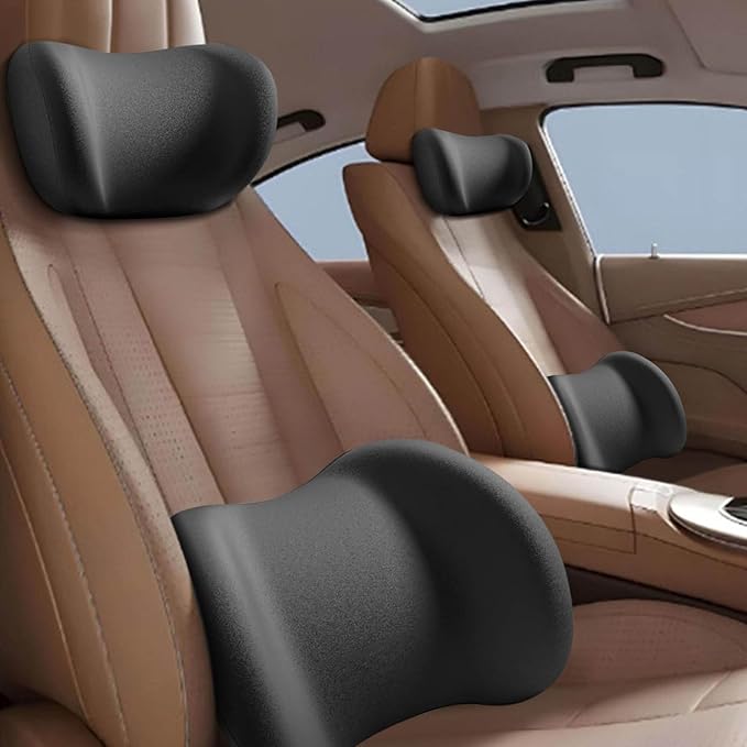 Car Headrest & Lumbar Support Cushion, Ergonomic Car Seat Headrest & Lumbar Cushion with Adjustable Strap for Neck Back Pain Relief, Memory Foam & Breathable Car Head Lumbar Rest Set (Black)