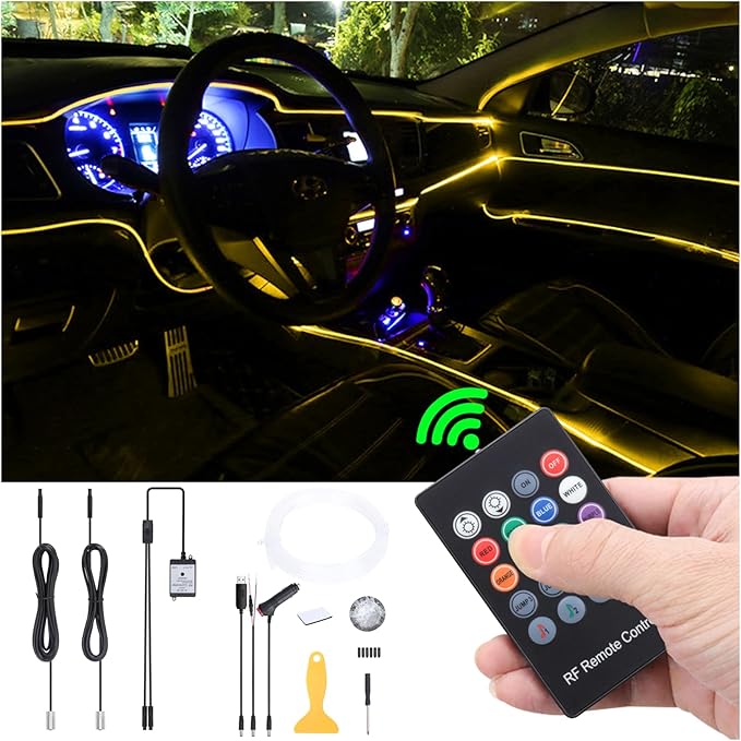 3 Meters Optic Fiber Car Ambient Lighting with RF Remote Control 8 Colors Multicoloured Music Interior Lighting Kit DC 12V 1W