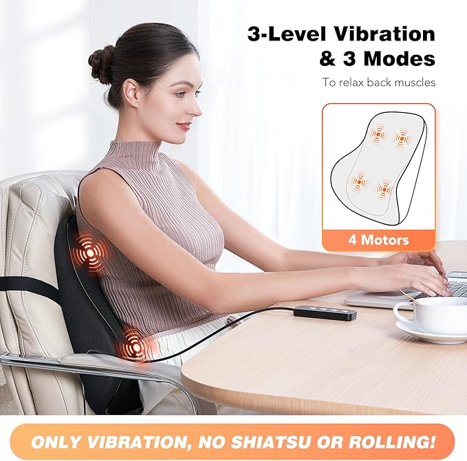 KNQZE Lumbar Support Pillow for Office Chair, Heated Back Support Pillow with Vibration, Back Massage for Pain Relief, 3 Heating Levels & 4 Motors & 3 Intensities, at Home Office Car Sofa - Black