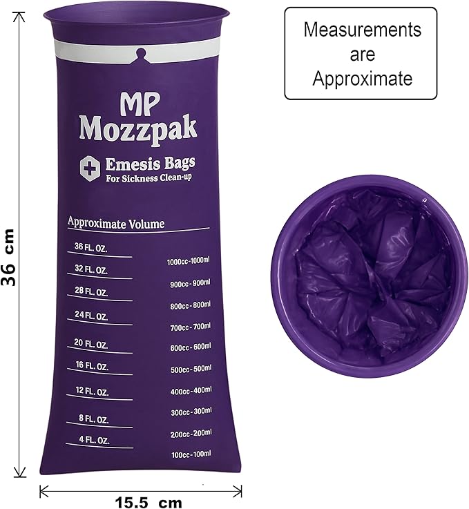 MP MOZZPAK Vomit Bags Disposable 35 Pack - 1000ml Emesis Bags, Leak-Proof Barf Bag, Travel Friendly Puke & Nausea Bag for Motion Sickness, Medical Grade Throw up Relief for Car, Airplane, & Road Trip