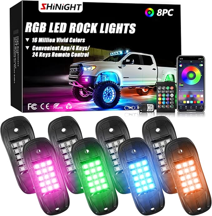 SHINIGHT Led Rock Lights for Trucks,8 Pods Lights for Jeep Brightness Truck underglow kit Exterior with App Control Flashing Music Mode RGB Lighting for UTV SUV ATV RZR Truck Accessories