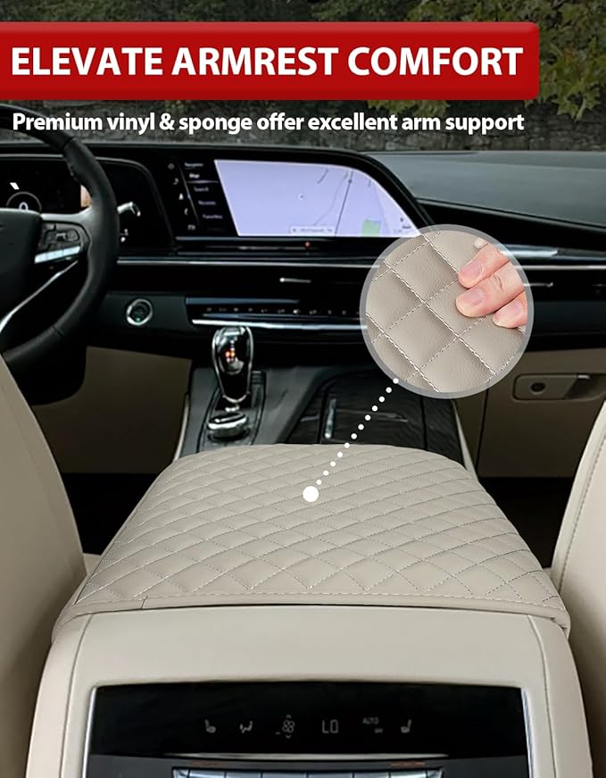 KBH Center Console Armrest Cushion Cover for Cadillac Escalade 2021 2022 2023 2024 2025 2026, Arm Rest Lid Protector, Vinyl Leather Trim, Anti-Scratch, Whisper Light Beige