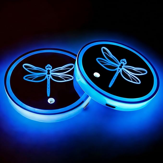 Dragonfly LED Cup Holder Lights for Car,2Pcs LED Light Up Cup Holder Coasters with USB Charging 7 Colors 3 Modes,Waterproof Interior Atmosphere Lamp,Car Decor Accessories Dragonfly Gifts for Women Men