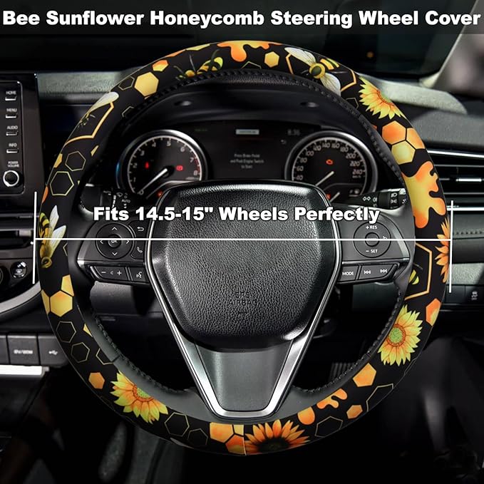 Bee Sunflower Honeycomb Steering Wheel Cover for 14.5-15 Inch (37-38 cm) Wheels, Premium Fabric with Non-Slip Rubber Inner Ring (Bee Sunflower Honeycomb)