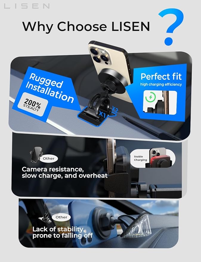 LISEN for 15W MagSafe Car Mount Charger,Magnetic Wireless Car Charger for iPhone 17 Pro Max Accessories,Magnetic Phone Holder for iPhone 17-12,Samsung,Pixel 9,Jeep Ford F150 Accessories,Gifts