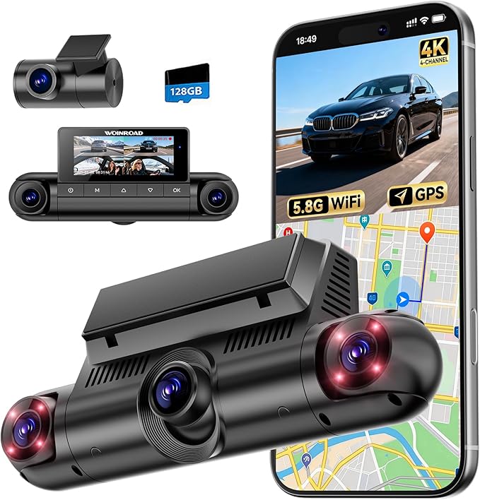 4K+3x1080P 4 Channel Dash Cam, 360° All-Around View Dash Camera for Cars, Free 128GB Card Included, Built-in GPS, 2.4GHz Wi-Fi & App, 8 IR Night Vision, G-Sensor, 24H Parking Mode(Supports 256GB Max)