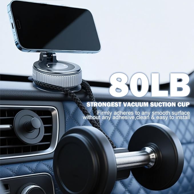 Vacuum Magnetic Phone Holder with Sticky Gel Base, 360° Foldable Suction Cup Phone Mount for Textured Dashboard Windshield, Strong Magnetic Car Mount for iPhone MagSafe & Android Phones(Black)