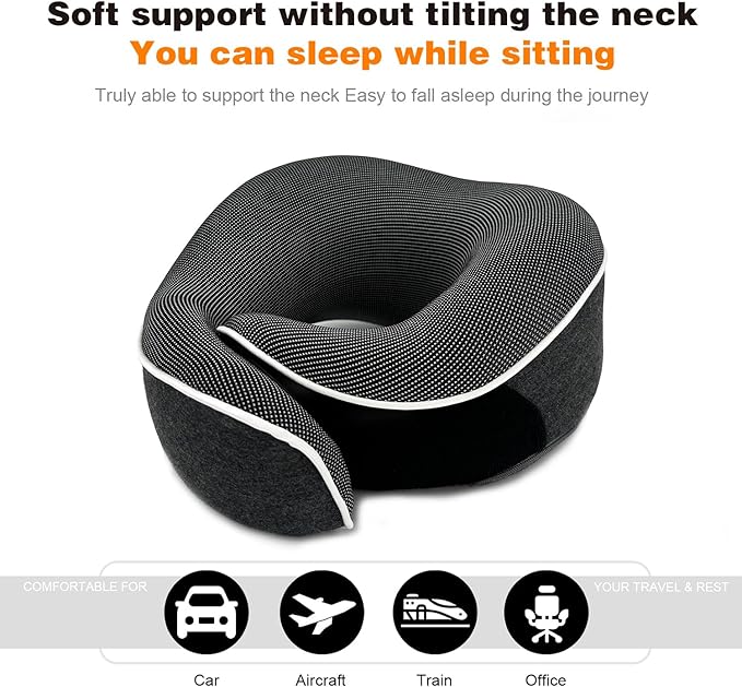 Travel Pillow 100% Pure Memory Foam Neck Pillow, Sleeping Pillow for Car, Train and Airplane, Travel Kit with 3D Contoured Eye Masks and Earplugs (Dark Gray)