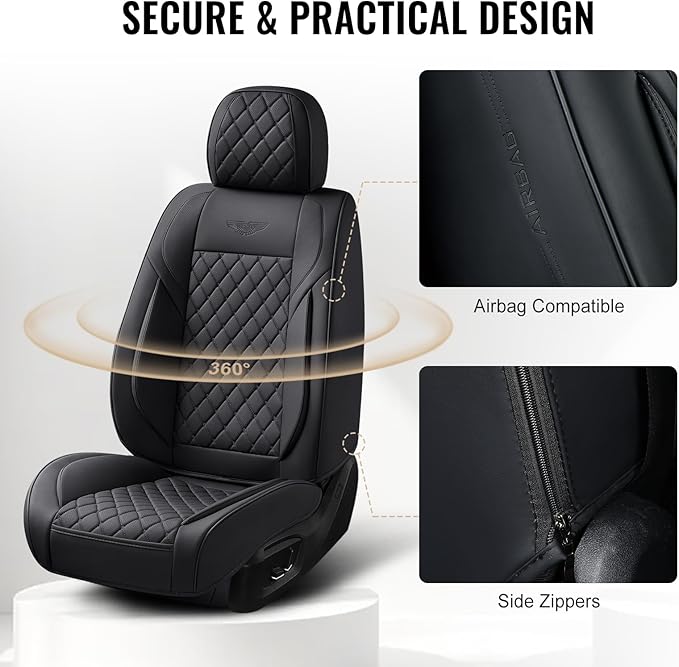 Auto Car Seat Covers Full Set Leather Cushion Protector Breathable Waterproof Seat Cover for Cars Universal Fit (Black, Full Set Without Headrest)