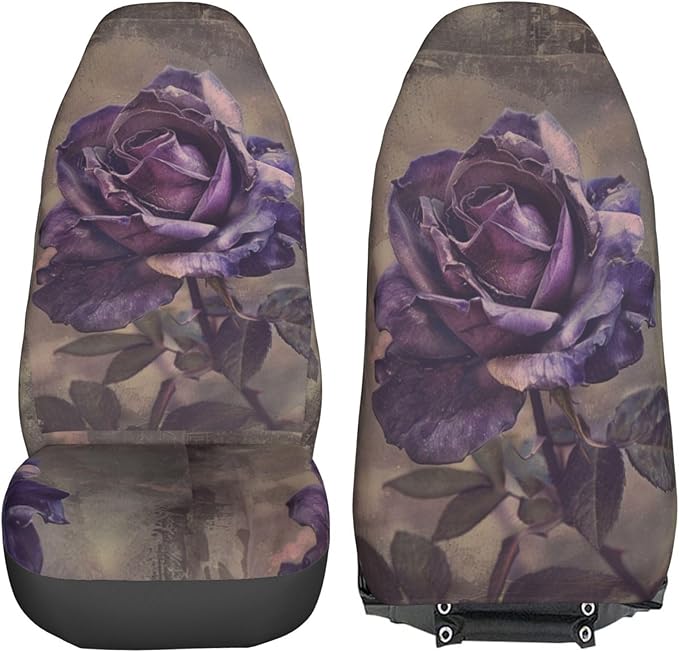 Delerain Car Seat Covers Set 2Pcs, Purple Rose Vintage Universal Front Car Seats Vehicle Enterior Protector Suitable Fits Most Car Auto SUV Sedan Truck