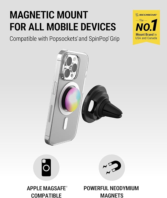 Scosche MagSafe Car Mount, Magnetic Phone Holder for Car Dashboard & Vent with 360° Rotation, 2-in-1 Cell Phone Mount for iPhone 17/16/15/14/13 & More w/MagicRing Adapter, Compatible with PopSockets