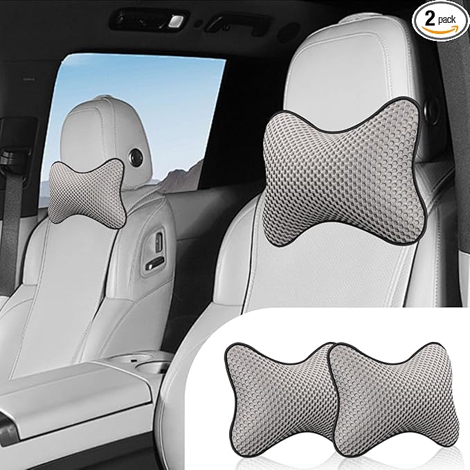 2PCS Car Headrest Pillow, Breathable Leather Car Neck Pillow, Soft Cloud Silk Cotton Neck Support Relief Cushion, Comfortable Automotive Seat Head Rest Pad for Driving Fatigue Relief (Grey)