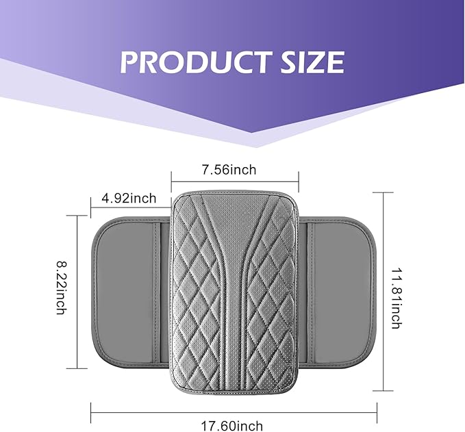 Car Center Console Cover, Leather Center Armrest Cover with Storage Bags, Automotive Heightening Console Protection Pad, Universal for Cars, Trucks, SUVs (Grey)