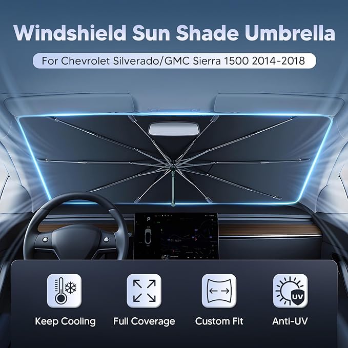 Autorder Windshield Sun Shade Umbrella for 2014-2018 Chevrolet Chevy Silverado/GMC Sierra Accessories,Upgraded Ice Crystal Material,Easy Setup Umbrella Sunshade for Car Windshield,100% Sun Blocking