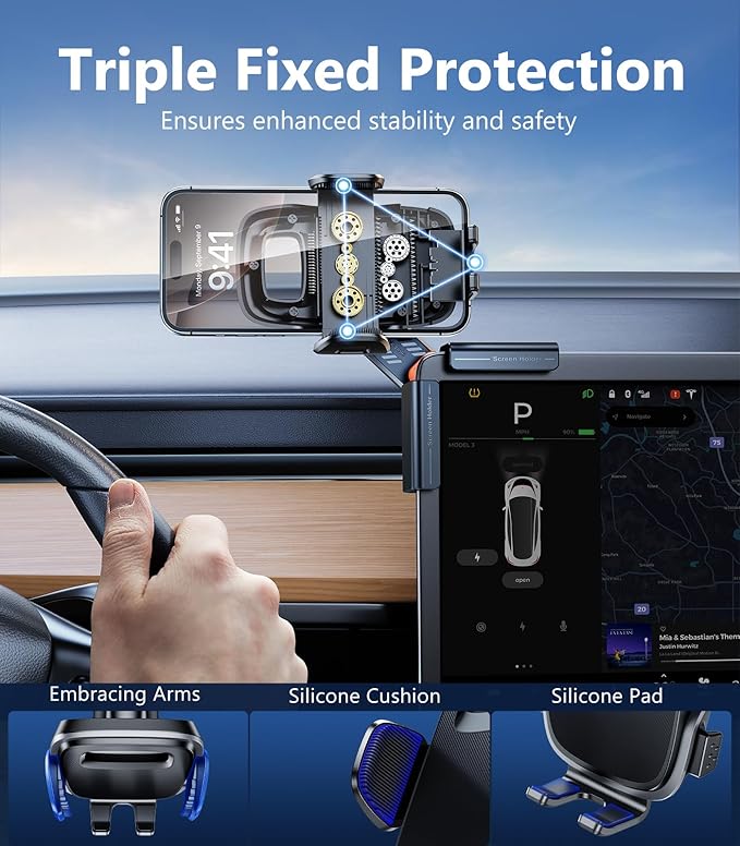 Tesla Phone Mount for Tesla Model Y/3 2026 2025 2024 2023 2022 2021, 360°Swivel Car Accessories for Tesla Screen Clip Phone Holder Stand (for Tesla Model Y(Juniper)/3(Highland)/X/S)
