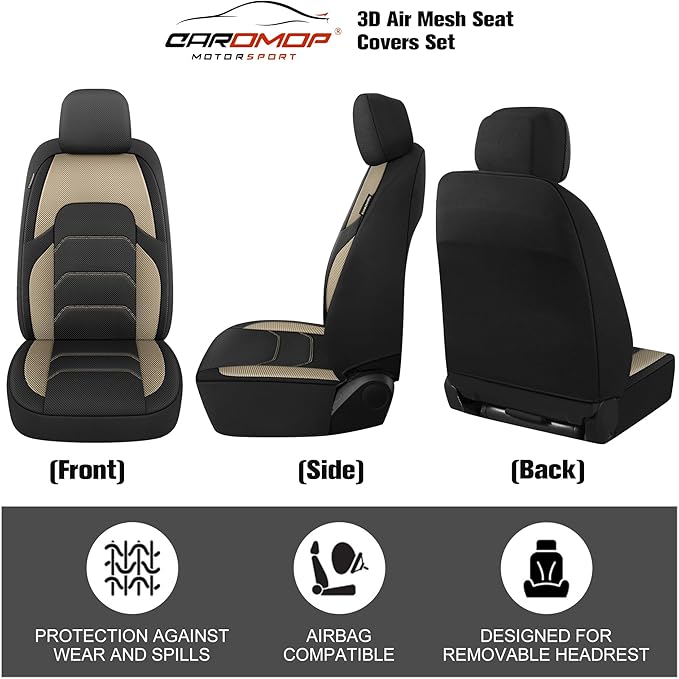 CAROMOP 3D Air Mesh Car Seat Covers 2 Front Seats,Breathable and Durable Seat Covers for Cars,Universal Fit for SUV,Vans,sedans, Trucks, Automotive Interior Covers(Black/Beige)