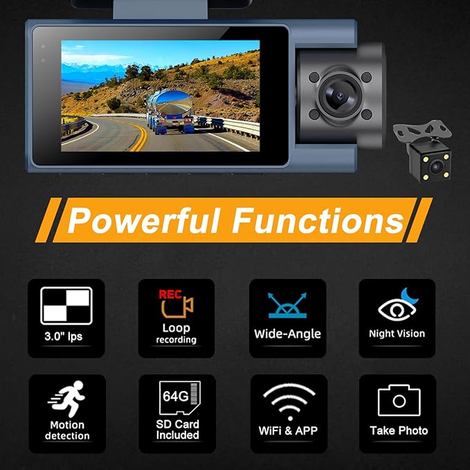 Dash Cam Front Rear Inside, 4K Full HD Dash Camera for Cars, Included 64GB Card, Built-in Wi-Fi, 3” IPS Screen, Night Vision, 170°Wide Angle,Loop Recording, APP Control (3Channel Dashcam+64G)