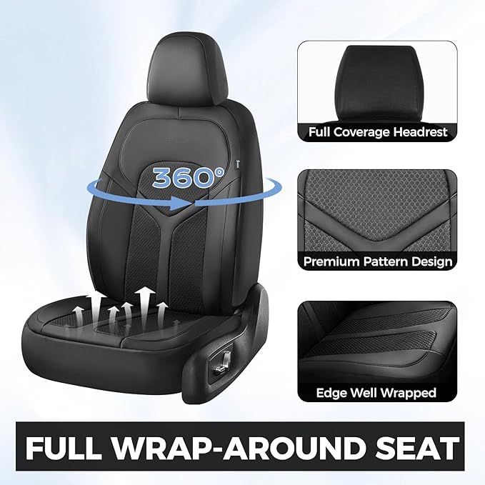 FLORICH Car Seat Covers Full Set, Universal Seat Cover 5 Seats, Automotive Seat Covers with Mesh Leather, Waterproof Car Seat Protector, Breathable Car Seat Cushion for Most Car SUV Truck, Black
