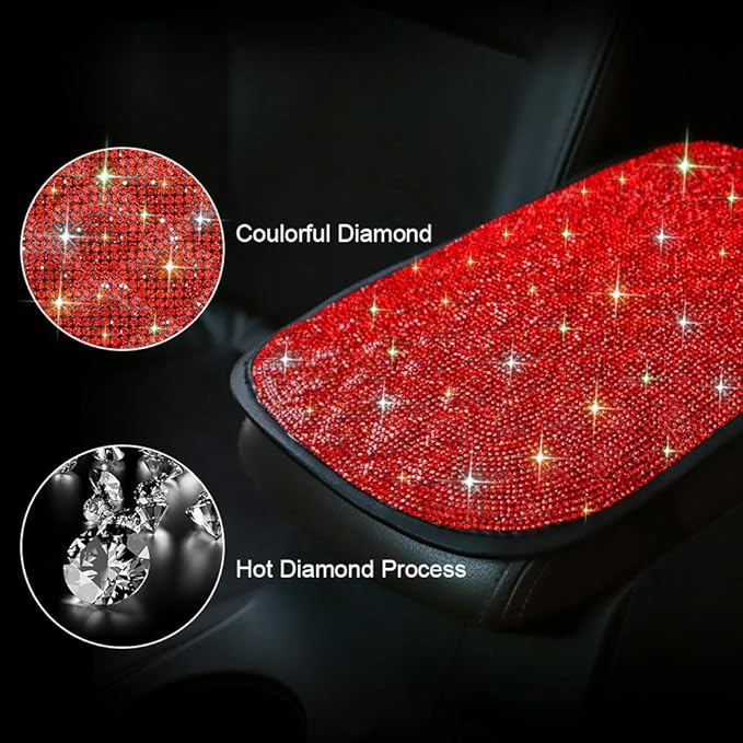 OTOSTAR Bling Bling Car Armrest Cover Luster Crystal Car Center Console Cover Protector Universal Auto Arm Rest Cushion Pads Car Interior Decor Accessories (Red)