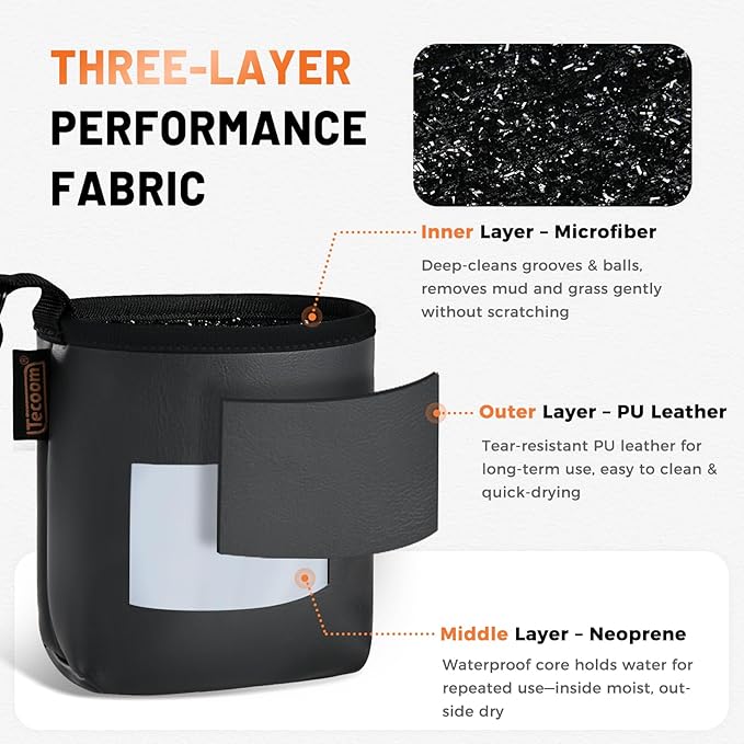 Teccom Golf Club and Ball Cleaning Bag, Golf Cleaner Pouch with Three-Layer Waterproof Fabric Technology, Microfiber Layer, Neoprene, PU Leather Exterior, Detachable Clip, Golfer Gift