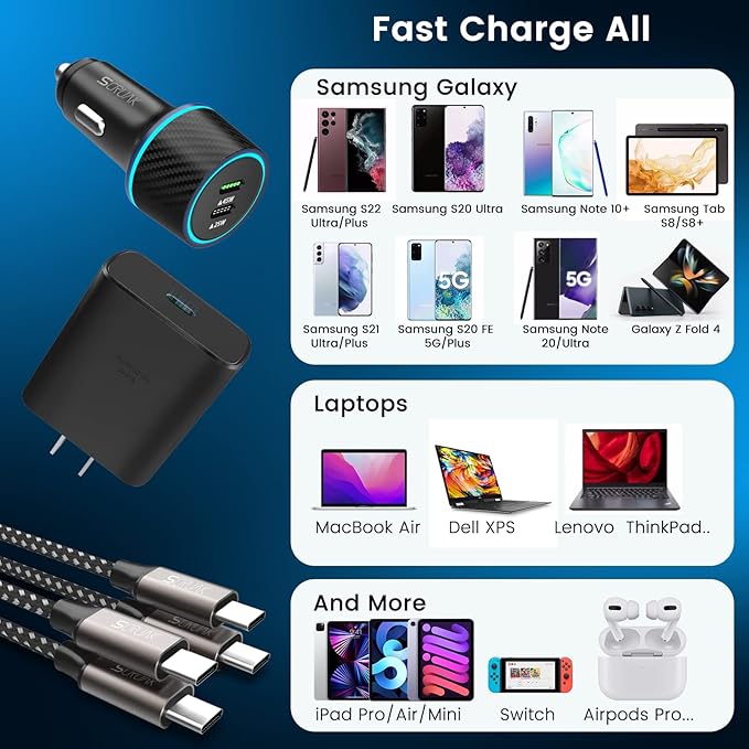 S24 S25 Ultra Charger Type C, SCRUAK 45W PPS Super Fast USB-C Wall/Car Charger for Samsung Galaxy S25 Ultra/S25+/S25/S24 Ultra/S24+/S23/S22/S20/Note 20/Note 10+(with 2X 3.3FT 5A Type C Cable)