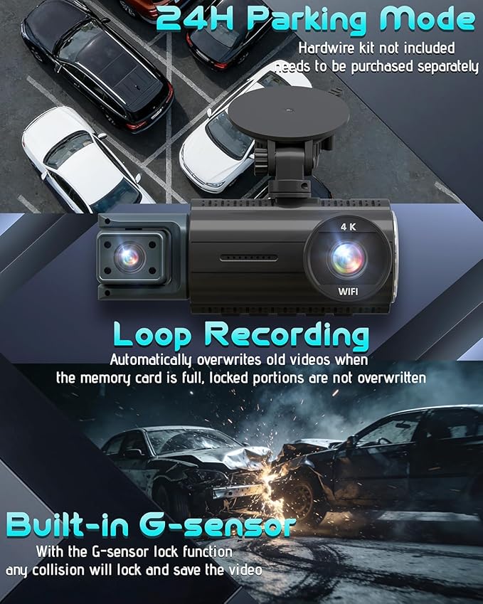 3 Channel Dash Cam Front and Rear, 4K+4K+1080P Car Camera, Free 128GB Card, Built-in GPS, ADAS, 5.8GHz WiFi & APP, Super Night Vision, G-Sensor, Loop Recording, 24H Parking Mode Dash Cam（Black）