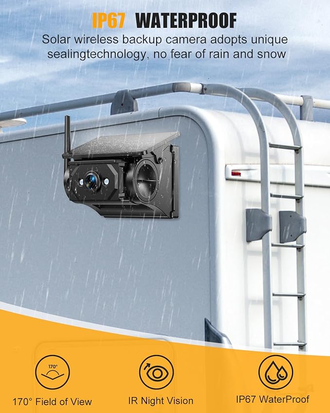 Magnetic Solar Wireless Backup Camera, 7" HD 1080P Monitor, Clear Night Vision 170°Wide Angle (No Distortion) DIY 1-Min Install, No Wiring, IP67 Waterproof for Truck, RV, Trailer, Car, F150 & F-Series