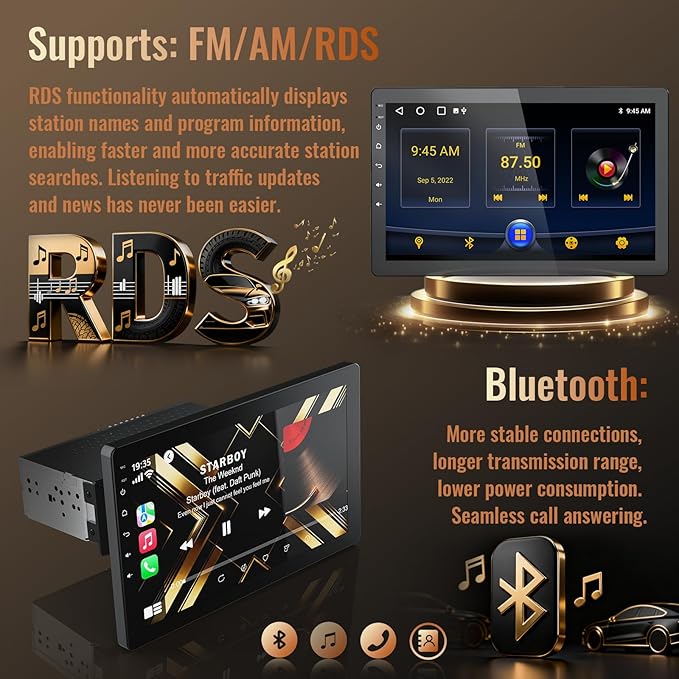 Haudio 10.1 Inch Single Din Car Stereo, Rotatable Touch Screen, Wireless CarPlay & Android Auto, Android 13 Car Radio with Bluetooth GPS Backup Camera