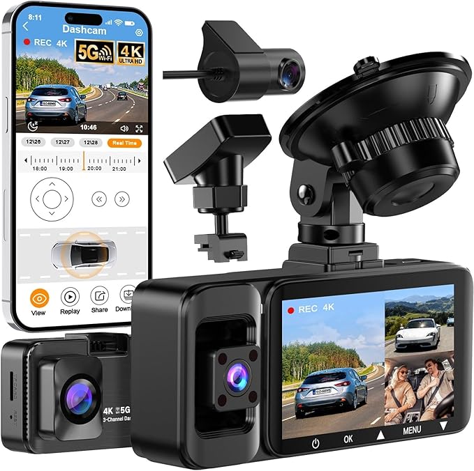 4K Dash Cam Front and Rear Inside, 3 Channel Dash Camera for Cars with 64GB Card, 5G WiFi, Infrared Night Vision, 24H Parking Mode, 360° Wide Angle Wireless Dashcam for Uber/Taxi