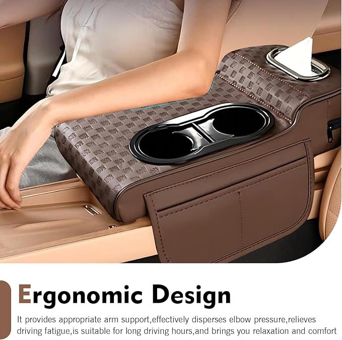 Car Center Console Leather Armrest Increase Cushion, MultiFunctional Armrest Box Pad with Dual Cup Holder, Tissue Box, Side Card Holder, Universal for Most Cars, SUVs, Trucks (Coffee)