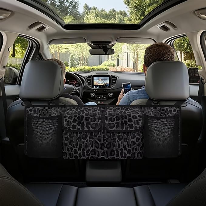 Car Trunk Organizer Small SUV Trunk Organizers and Storage, Balck Leopard Print Car Organization Women Stylish Car Accessories with 4 Pockets, Leave Room for Buying and Shopping