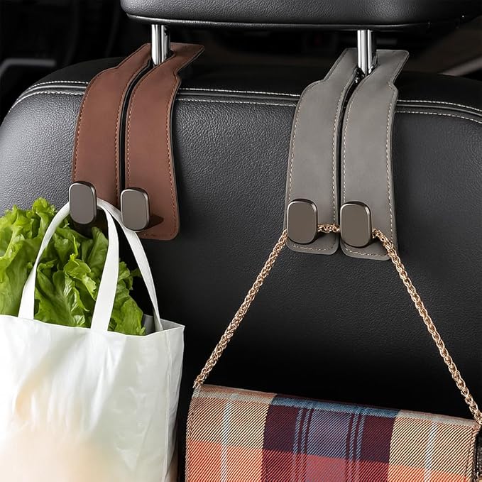 Car Seat Back Storage Hook, 2026 New Two Hook Fur Leather Seat Back Headrest Hanger Genuine Leather Double Metal Hook for Backseat Organizer, Car Organization Accessories (2, Gray)