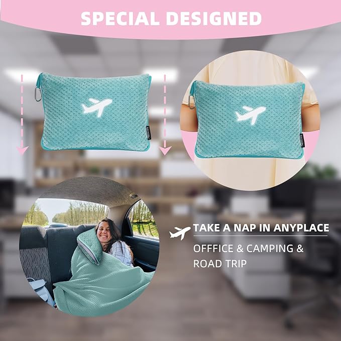 3 in 1 Travel Blanket Pillow Set - 350 GSM Thick Travel Blanket Airplane Compact with Bag, Soft Bag with a Pocket, Inflatable Travel Pillow for Camping & Car Trip(Mint Green)