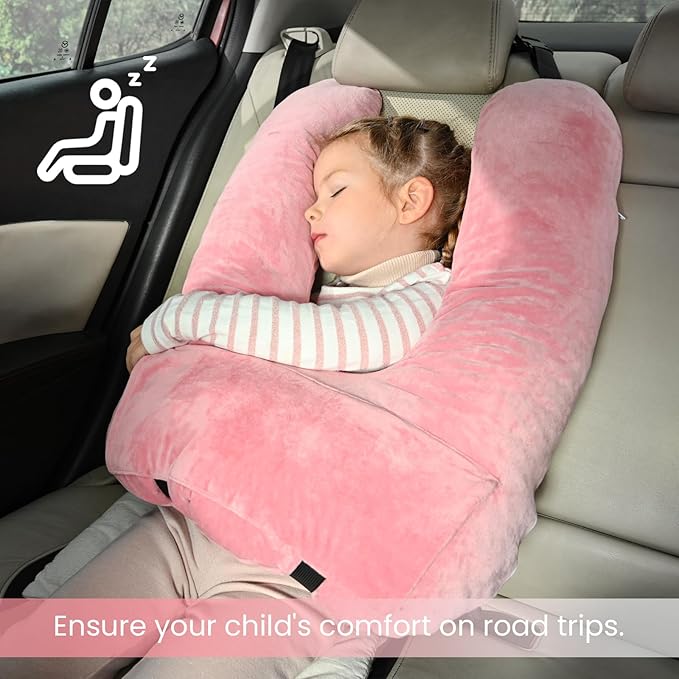 Travel Pillow, Car Pillow for Kids & Adults, Kid Travel Sleeping Pillows for Neck & Body Support, Car Travel Essentials Pillow on Road Trips, Pink