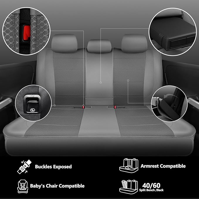 CAR PASS Leather Car Seat Covers Breathable Seat Cover Full Sets Airbag Compatible for Most Cars, SUVs, Trucks, and Vans (Full Set, Gray)