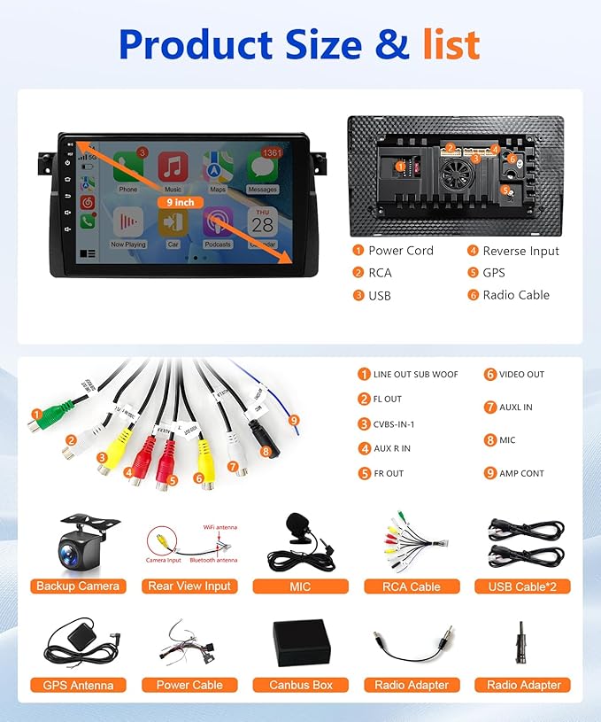 8Core Android Stereo for BMW 325i E46 328i 1998-2005 Radio for BMW M3 2000-2006 Wireless Apple CarPlay Android Auto, 4G + 64G 9IN IPS Touch Screen for 330i 5G WiFi/GPS Navi/BT/FM/RDS/DSP/EQ/SWC