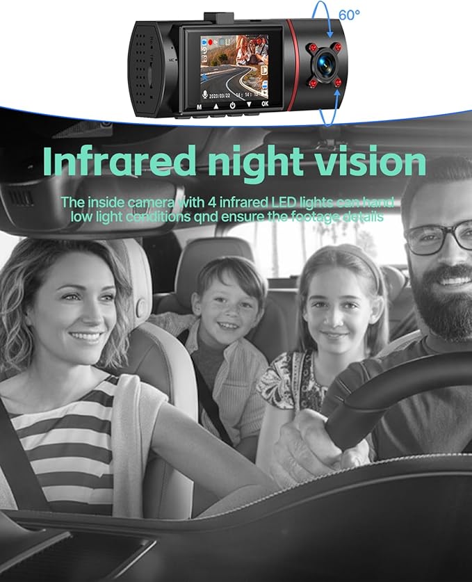 Dash Cam Front Rear and Inside, 3 Channel Dual Dash Camera for Cars W/ 64GB Card,1080P Dashcam Front with Night Vision,Loop Recording,G-Sensor,24H Park Monitor