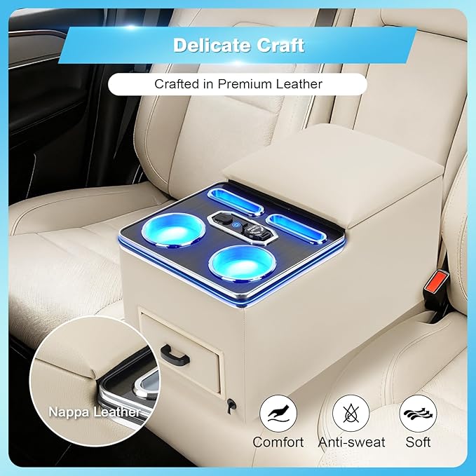 Center Console, Universal Bench Seat Center Console with Fast Phone Charging， Back Seat Car Organizer, Automotive Center Console with Cup Holder & Phone Holder (Beige)