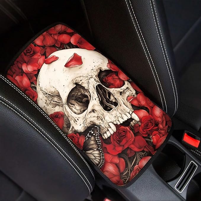 Dreaweet Red Rose Skull Arm Rest Cover for Car Women Spooky Car Accessories Interior Universal Center Console Cover Comfortable Softness Car Armrest Cushion Pad for SUV Trucks Sedan