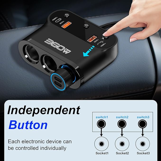 Cigarette Lighter Splitter Adapter 360W: Car 12v Splitter 3 Socket Car Charger Extension Triple USB C 36W and QC3.0 18W Ports 12 Volt Power Outlet DC with Button Switch LED Voltmeter 15A Fuse