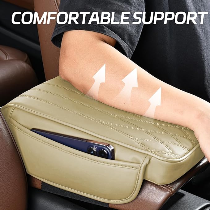 wuyaoyao Car Center Console Cover, Leather Car Armrest Box Cover, 12.40"×8.46"×1.97" Arm Rest Pad with Pockets, Soft Auto Armrest Storage Box Protector, Universal Interior Car Accessories (Beige)