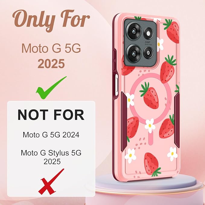for Moto G 2025 Case Women - Compatible with MagSafe Cute Girls Magnetic Protective Phone Cover Girly Kawaii Strawberry Heavy Duty Shockproof Design for Motorola Moto G 5G 2025 Cases