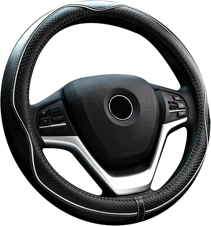 Valleycomfy Steering Wheel Covers Universal 15 inch - Genuine Leather, Breathable, Anti Slip & Odor Free (White Line, M(14" 1/2-15" 1/4))