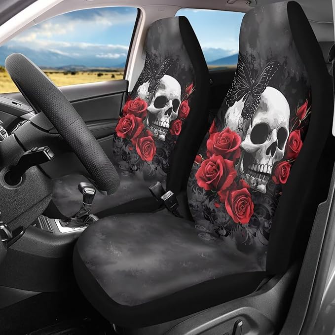 Skull Red Rose Car Seat Covers Set of 2 Breathable Front Seat Covers Stretch Polyester Fabric Cover Soft Front Seat Cover Universal Fit for Auto Truck Van SUV