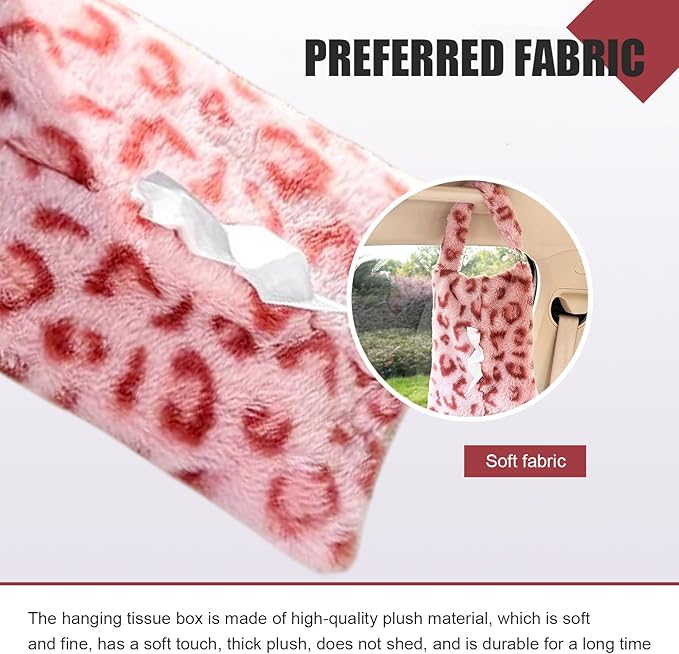 Leopard Print Car Tissue Bag, Cute Plush Hanging Tissue Holder, Multi-Functional Car Backseat Hanging Storage Bag, Universal for Small-Size Tissues (Pink)