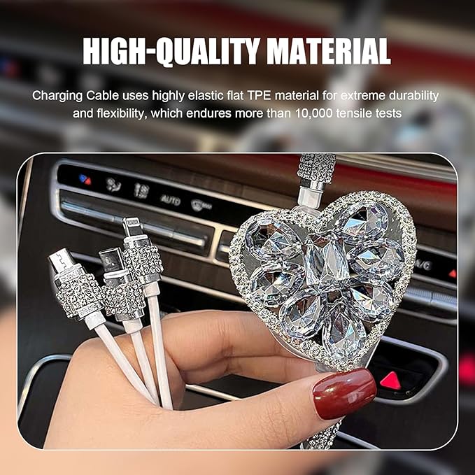 Multi Charging Cable, 3 in 1 Multi Charger Cable with Type-C/Lightning/Micro USB Connectors, Rhinestone Retractable Car Charger Cord, Universal for Most Phones, Tablets (White)
