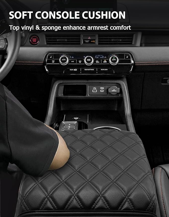 Center Console Cover for Honda Pilot 2023 2024 2025, Ridgeline 2024 2025, Passport 2024 2025 2026, Auto Armrest Lid Cushion Protector with Storage Pocket, Vinyl Leather, Black