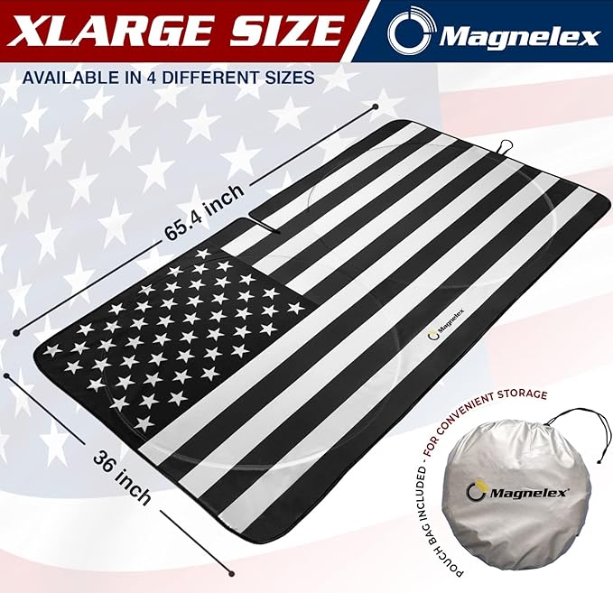 Magnelex American Flag Windshield Sun Shade, High-Resolution Sun Shield with Mirror Cut-Out for Automotive Interior Sun and Heat Protection, Folding Car Sunshade - X-Large, Black & White