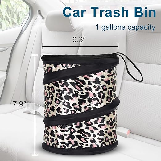 Car Trash Can, 2 Packs Mini Collapsible Car Trash Bin for Front Back Seat, Pop up Car Garbage Can, Portable Car Trash Bag Hanging for Vehicle SUV Rv Truck Accessories Interior, Leopard Print