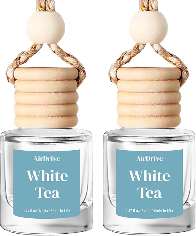 AirDrive Car Air Freshener - White Tea Hanging Oil Diffuser with Wooden Cap - Non-Toxic Rearview Mirror Accessory, Gift for Men & Women, Made in USA